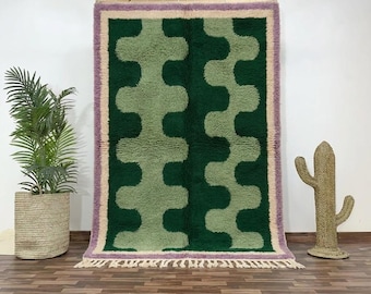 Wavy Green Beni Ourain Wool Rug, Hand-Knotted Tribal Carpet, Boho Living Room Area Rug