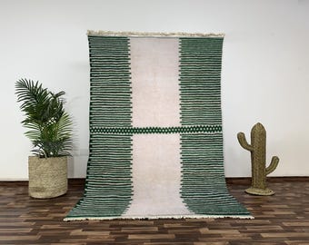 Green Striped Beni Ourain Wool Rug, Hand-Loomed Moroccan Textile