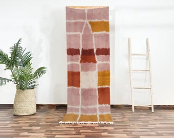 Boujaad Abstract Runner Rug, Moroccan Wool Carpet in Pink Terracotta Mustard and Cream, Hand-Knotted Berber Hallway Floor Decor