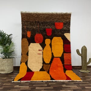 Handmade Abstract Moroccan Wool Rug, Colorful Berber Carpet with Orange Red Yellow Shapes, Plush High Knot Beni Ourain for Living Room