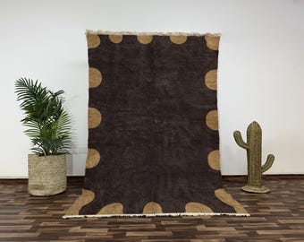 Luxury Beni Ourain Rug - Hand-Knotted Wool, Dark Brown & Camel Scalloped Pattern - Moroccan Home Decor, Unique Texture