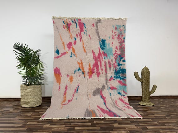 Colorful Abstract Wool Rug, Moroccan Beni Ourain, Handwoven Berber Carpet, Vibrant Bohemian Living Room Decor, Plush Soft Wool Rug