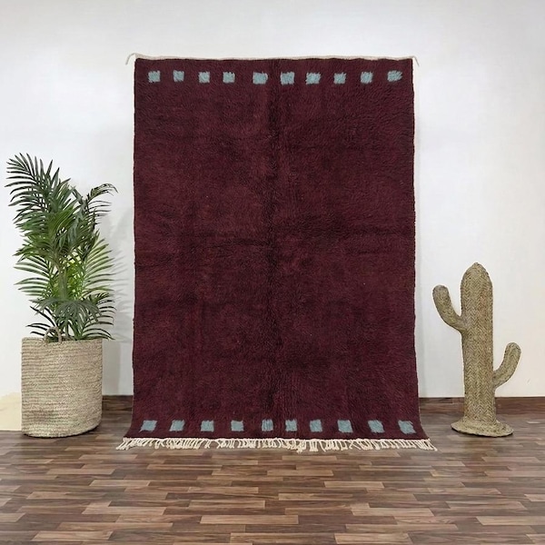 Hand-Knotted Beni Ourain Moroccan Wool Rug: Burgundy Blue Geometric Carpet