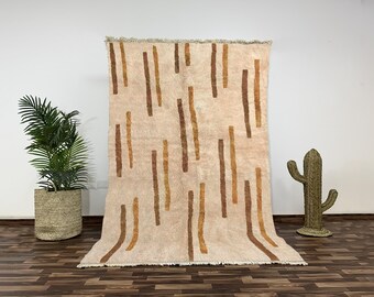 Hand-Knotted Beni Ourain Rug - Striped Wool Carpet, Minimalist Moroccan Design, Modern and Plush