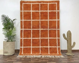 Burnt Orange Moroccan Rug | Hand-Knotted Beni Ourain Carpet, Mid-Century Wool Area Rug