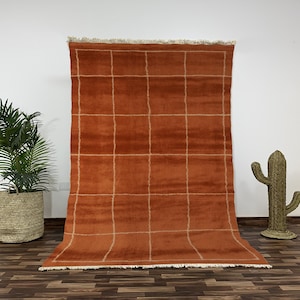 Puede incluir: Una alfombra grande, rectangular, de color óxido con un patrón de cuadrícula de líneas beige más claras. La alfombra tiene flecos a lo largo del borde inferior. La alfombra se exhibe contra una pared blanca, con una planta en maceta y una decoración de cactus.
