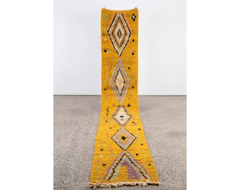 Tapis de coureur de laine de moutarde berbère marocain personnalisé fait à la main | Modèles tribaux colorés | style vintage