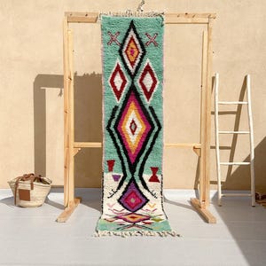 Teal Moroccan Runner Rug, Green Berber Wool Rug 8.6 ft, Boujaad Hallway Rug, Handwoven Boho Decor, Ready to Ship