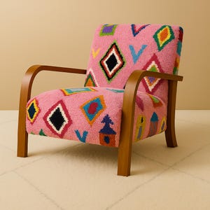 Maximalist Accent Chair, Pink Moroccan Upholstery, Solid Walnut Mid-Century Armchair, Funky & Eclectic Handmade Furniture