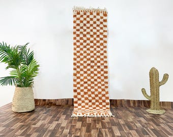 Authentic Moroccan Beni Ourain Wool Runner Rug, Beige and White Checkered Pattern, Handwoven Berber Hallway Carpet with Soft Plush Texture