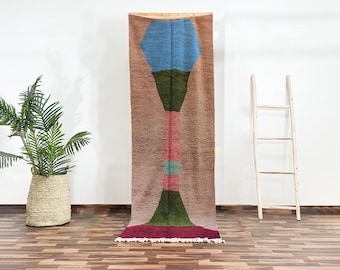 Geometryczny dywanik, marokański dywan wełniany, niebiesko-zielony wzór, ręcznie tkana sztuka berberyjska, długi dywan do przedpokoju, boho chic, wyjątkowy