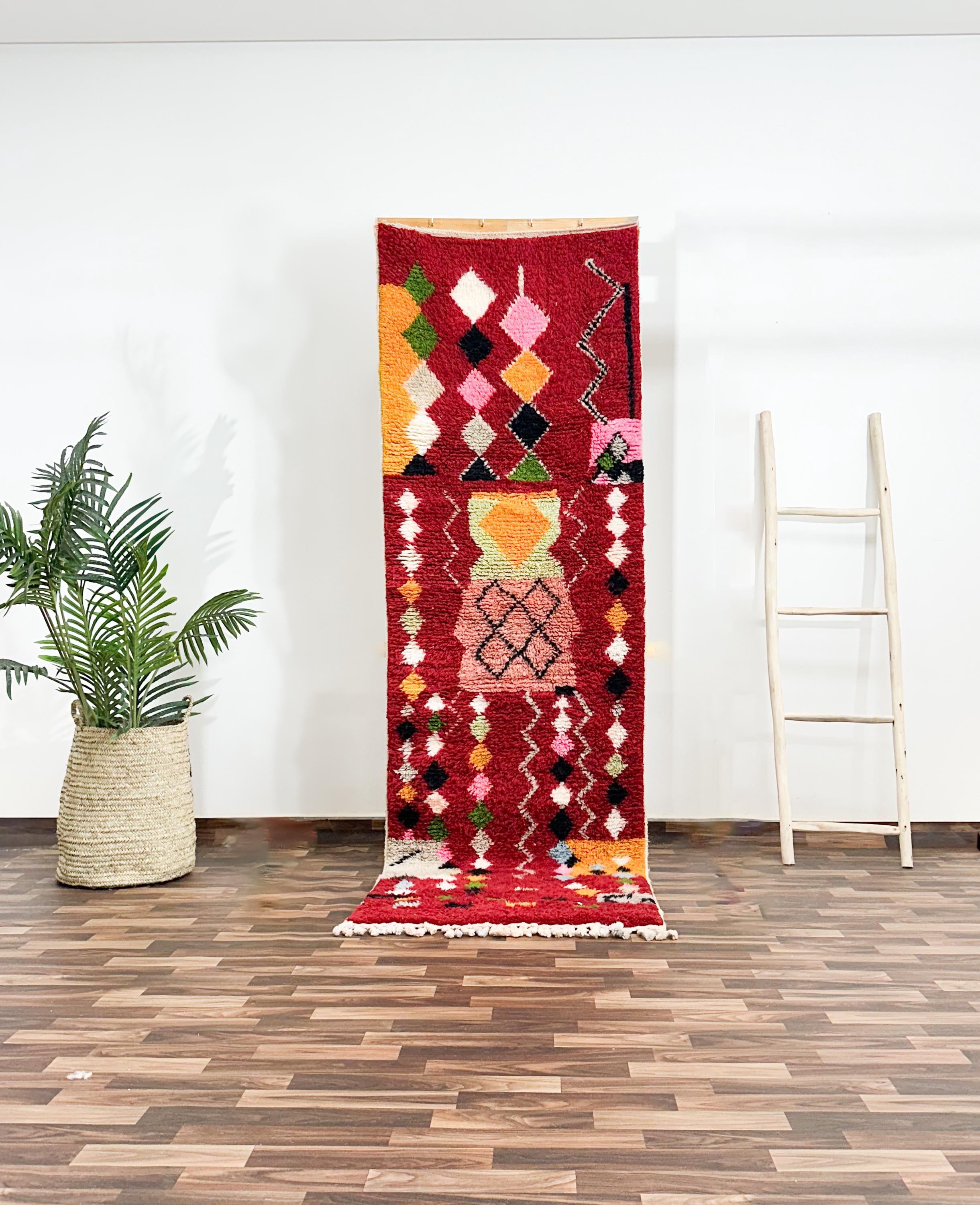 Customizable Red Bereber boho Pattern Runner Rug - Handmade Moroccan Azilal Beni Ourain Rug