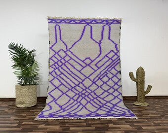 Handwoven Purple Beni Ourain Rug, Geometric Moroccan Wool Rug