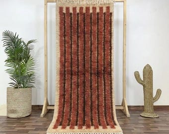 Handmade Moroccan Beni Ourain Wool Runner Rug, Terracotta Brown Stripes, High Knot Corridor Floor