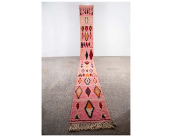 Custom Pink Berber Runner Rug - Bohemian Boujaad & Authentic Carpet - Tribal Long Wool, Narrow Hallway, Corridor, Stairs - Beni Ourain rug