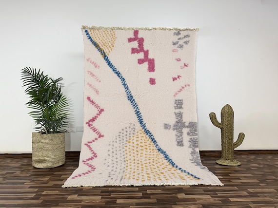 Modern Moroccan Rug, Abstract Area Rug for Scandinavian Decor, Hand-Knotted Wool Carpet, Pink and Grey Geometric Design