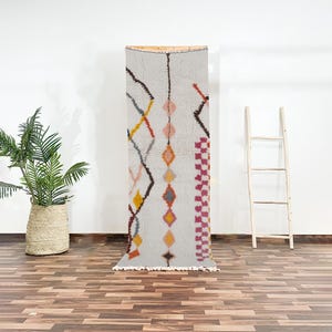 Hand-Knotted Azilal Runner Rug, Moroccan Wool Carpet with Colorful Diamond Pattern and Checkered Edge, Berber Boho Decor for Hallway