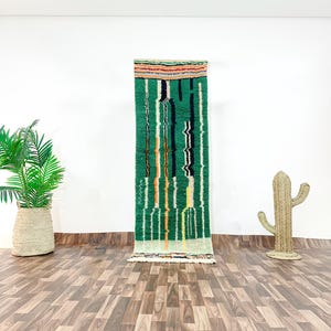 Handwoven Custom Moroccan Berber Boujad Wool Runner in Forest Green - Boho Tribal Hallway Rug - Beni Ourain, Azilal carpet