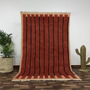 Handmade Moroccan Wool Rug Terracotta Brown Stripes, High Knot Plush Beni Ourain, Authentic Berber Carpet for Cozy Living Room Decor