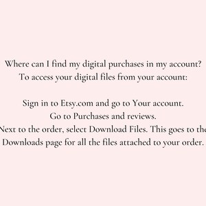 Op de afbeelding: Tekstuele instructies over hoe je digitale aankopen op Etsy.com kunt vinden. Meld je aan bij Etsy.com en ga naar je account. Ga naar Aankopen en beoordelingen. Selecteer naast de bestelling Bestanden downloaden. Dit brengt je naar de downloadpagina voor alle bestanden die bij je bestelling zijn gevoegd.