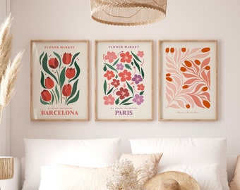 Pink Botanical Wall Art Set of 3, Flower Market Prints for Bedroom Decor