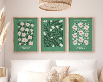 Sage Green Flower Market Print Set of 3, Botanical Wall Art Trio