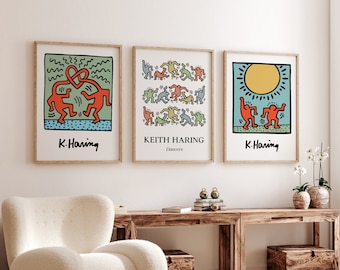 Keith Haring Print, 3 Piece Wall Art, Set of 3 Gallery Exhibition Poster Above Bed Art Pop Culture Triptych Prints Bedroom Indie Room Decor