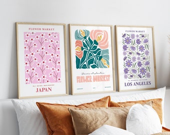 Pink Flower Market Print Set of 3, Botanical Wall Art Trio for Bedroom Decor