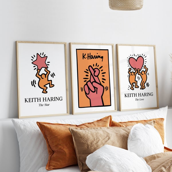 Keith Haring Print, 3 Piece Wall Art, Set of 3 Gallery Exhibition Poster Above Bed Art Pop Culture Triptych Prints Bedroom Indie Room Decor