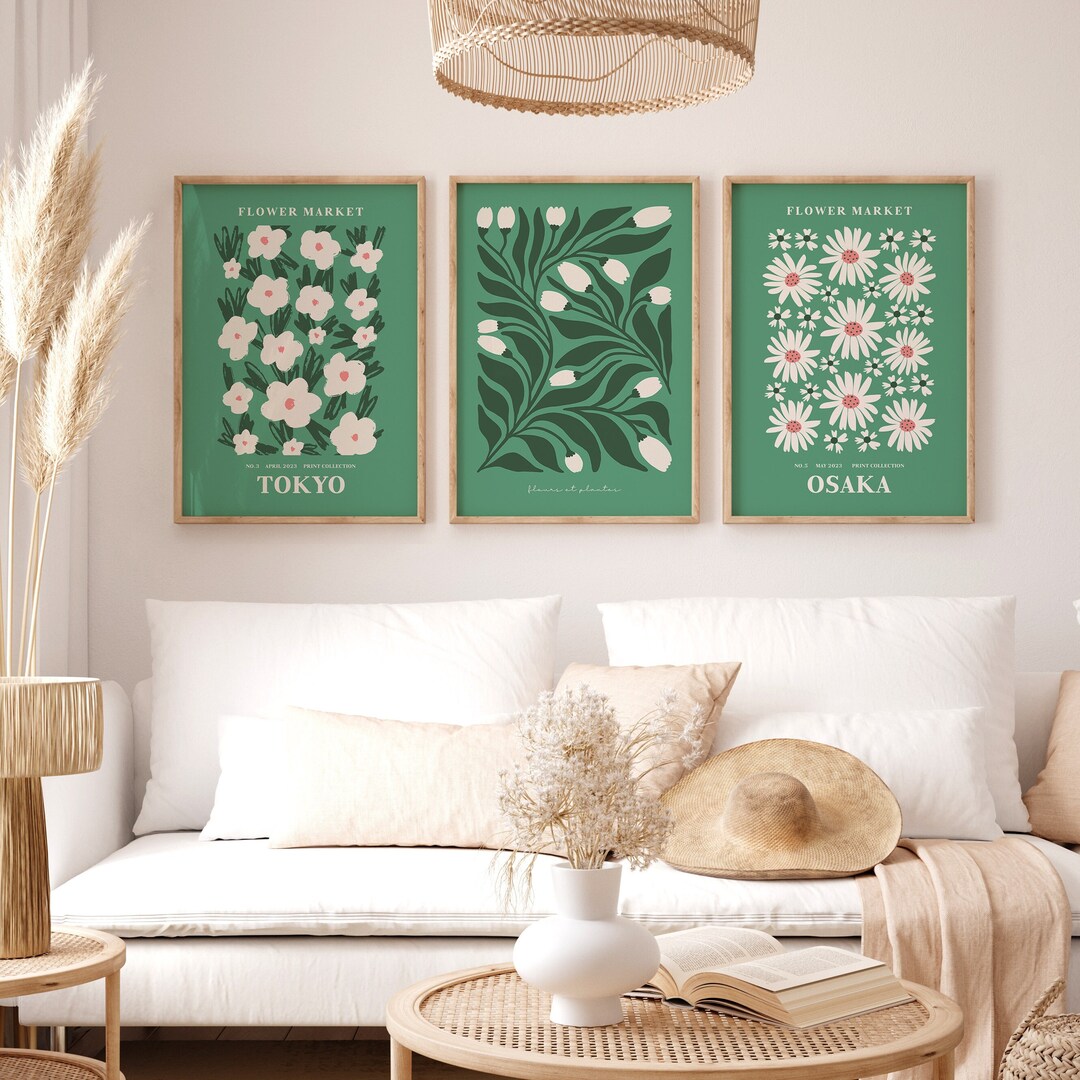 Sage Green Flower Market Print, 3 Piece Wall Art, Set of 3 Gallery ...