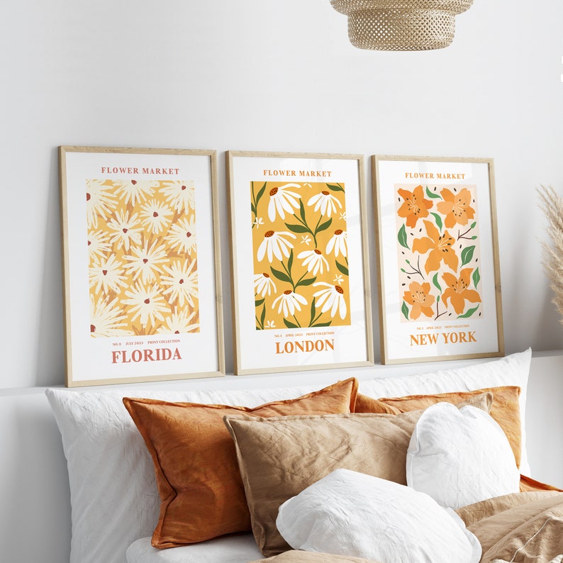 Yellow Flower Market Print Set of 3, Botanical Wall Art for Bedroom or ...