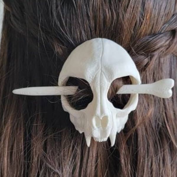 Chignon tête de mort chat [5 tailles] support cage à cheveux imprimé 3D accessoire cheveux longs, pince écharpe, wicca, païen, gothique, goth