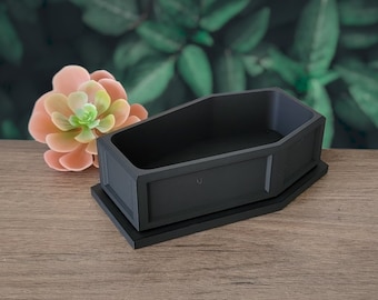 Sarg Pflanzgefäß mit Drainage - 3D gedruckter gotischer Sukkulententopf mit Tablett, niedliches Innendekor, einzigartiges Einweihungsgeschenk