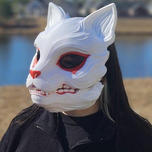 4 Options Fanged Kitsune Cat Mask – Wearable 3D Printed Fox/Oni Cosplay Mask, Japanese Horror Costume, Festival Rave Prop, Adjustable Straps