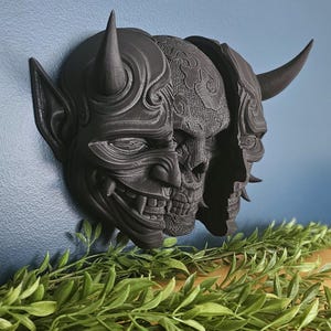 Oni Death Mask – 3D Printed Japanese Demon Skull Wall Art, Gothic Samurai Decor, Feudal Fantasy Mask for Home or Cosplay Display