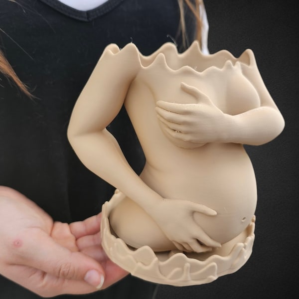 Extra Large Goddess Pregnant Woman Body Planter Flower Pot, Drainage Hole With Tray 3D Printed Indoor Eclectic Home Decor