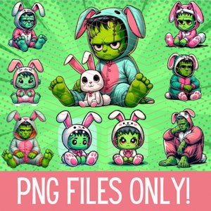 9 Frankenstein easter bunny PNG Designs | Downloadable Digital File Bundle, Cute Frankenstein man Easter Designs PNG Bundle Digital