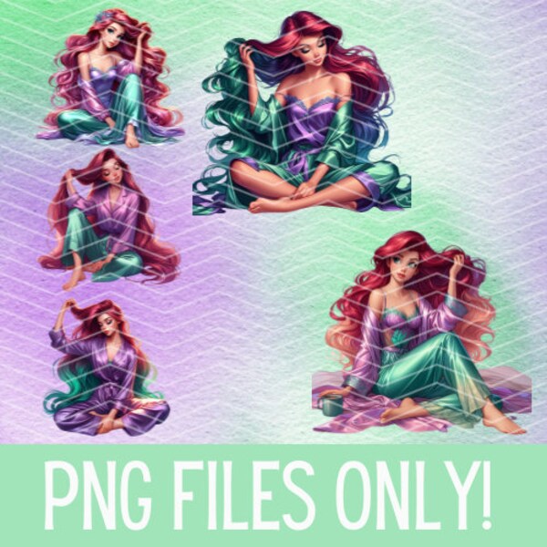 5 sexy mermaid princess lounging bundle PNG Designs | Downloadable Digital File Bundle, princess in lounge wear Designs PNG Bundle Digital