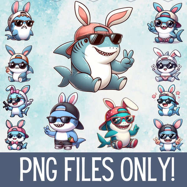 11 Easter bunny shark boy PNG Designs | Downloadable Digital File Bundle, Cute shark in bunny costume Designs PNG Bundle Digital
