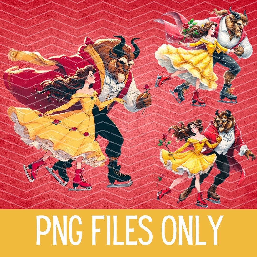 3 Cute Beauty and the Beast Ice Skating Bundle PNG Designs Downloadable Digital File Bundle