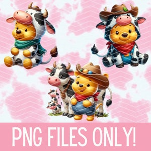 3 baby cow pooh Bears PNG Designs | Downloadable Digital File Bundle, Cute kids farmer Pooh PNG Bundle Digital