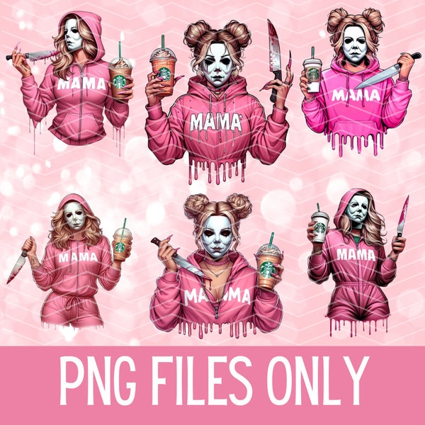 6 Killer Slasher Pink Mama PNG Designs | Downloadable Digital File Bundle, Cute pink caffeinated slasher momma Designs PNG Bundle Digital