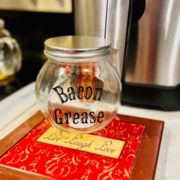 Bacon Grease Jar Grease Container with lid Grease Jar with Bacon on jar Vintage Bowl, Cooking, Farmhouse, Milk Glass, Retro Decor, Art Decor
