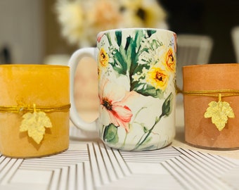 Floral Ceramic Mug, Spring Flower Garden, Pastel Wildflowers