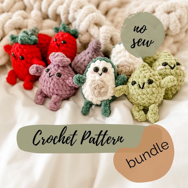 Guacamole Gang Crochet Patterns BUNDLE - NO SEW Pocket Fruits & Veggies - Fresh Friends Plushie Patterns - Crochet Play Food Patterns