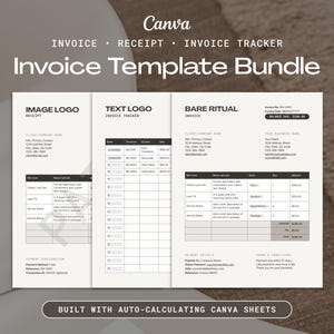 May include: A digital invoice template bundle with three different layouts. The templates include sections for image logos, text logos, and detailed invoice information. The design is clean with a neutral color scheme and includes the text "Invoice Template Bundle."