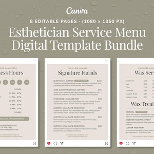 Kosmetikerin Service Menu Template Bundle | Bearbeitbare Canva-Vorlagen für Hautpflege-Unternehmen