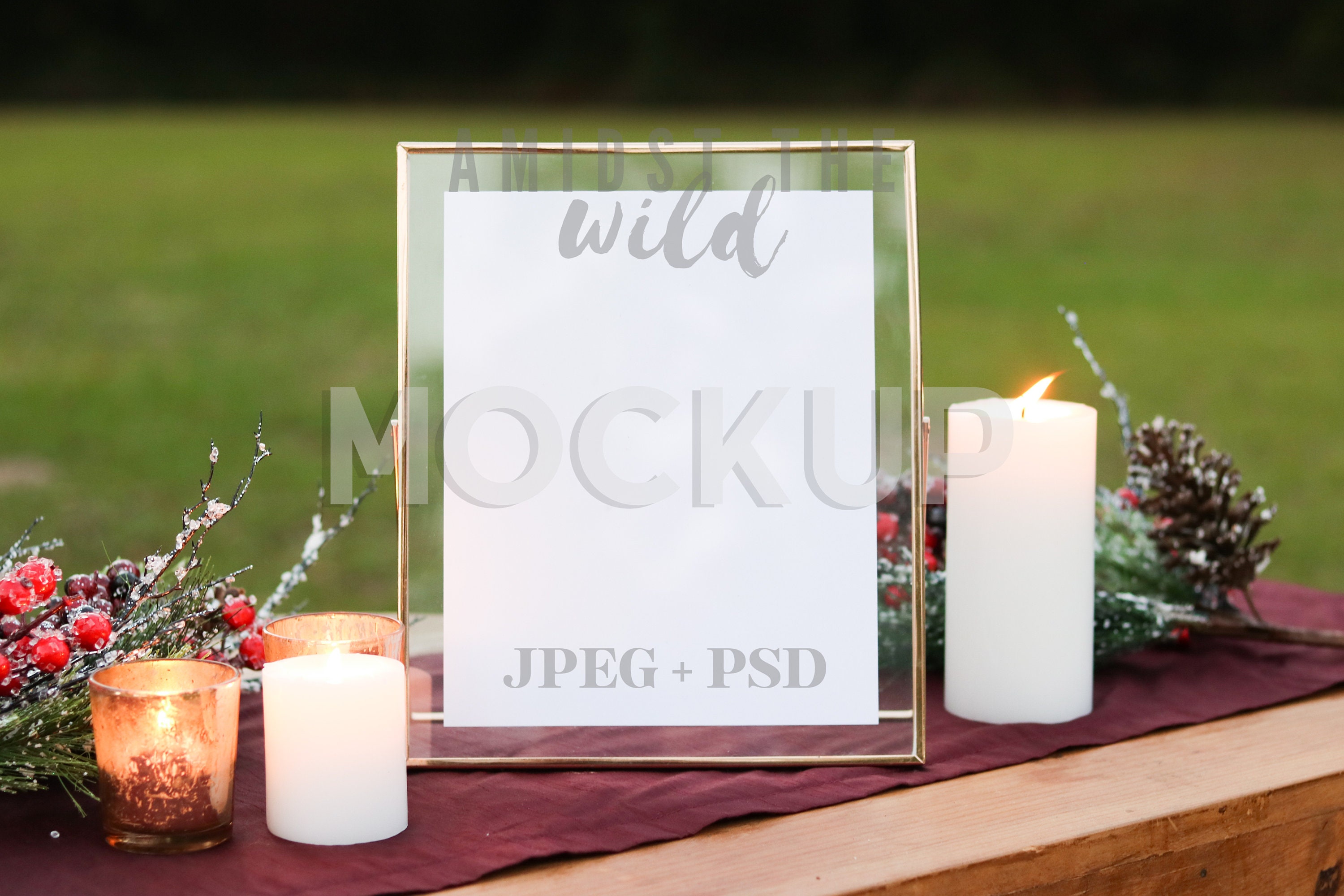 Framed Table Sign Mockup, Gold Frame Mockup, Frame Accented by Candles