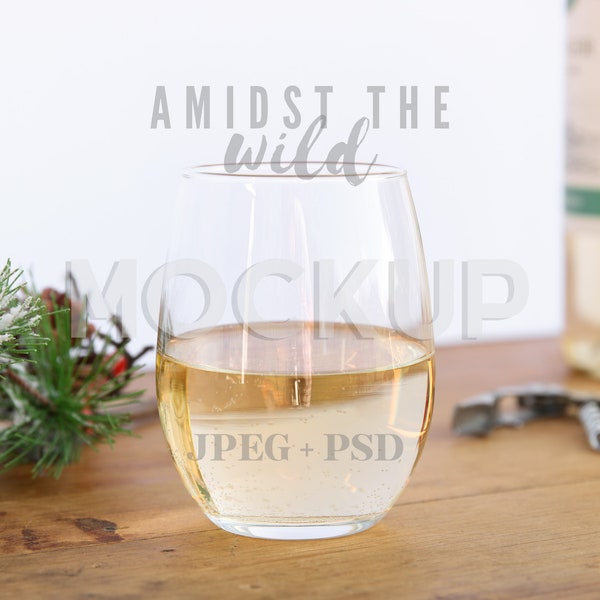 Christmas Styled Glass Mockup, Stemless Wineglass Mockup, Wine Glass Stock Photo