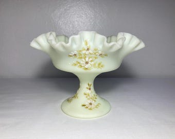 Vintage Fenton Custard Uranium Glass Floral Pedestal Compote : Ruffled, Hand Painted, Signed, Glows